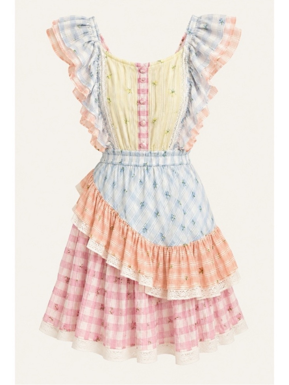 LoveShackFancy Leon Multicolor Gingham Ruffle Stretchy Dress 🌈
